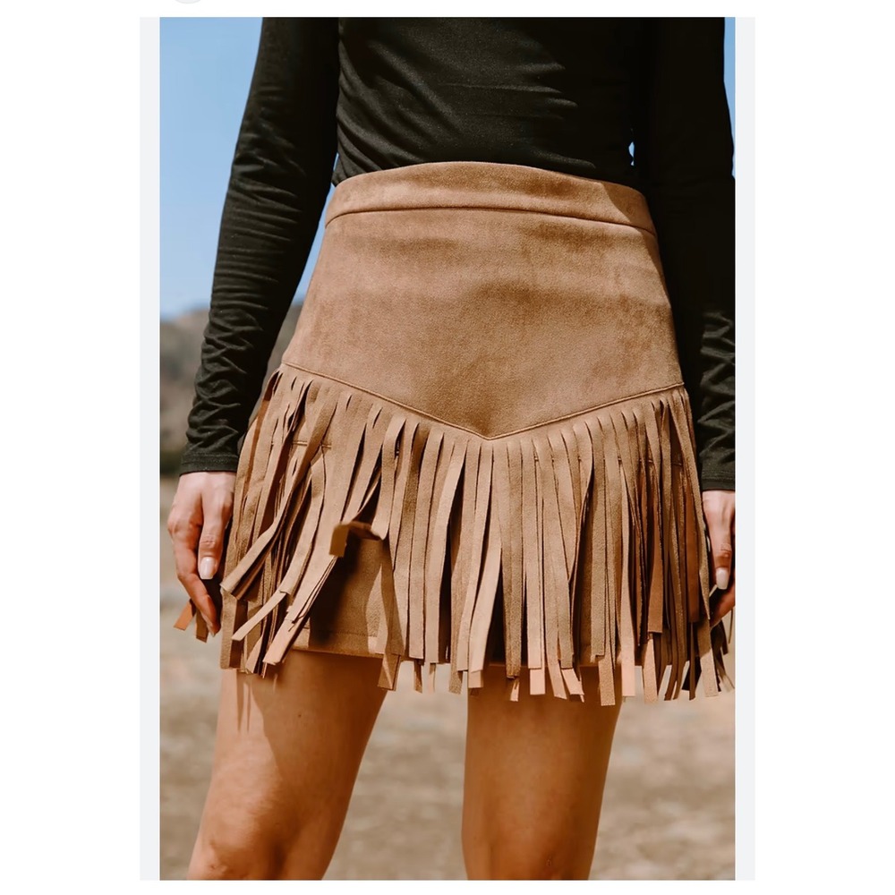 CUPSHE NEW Boho Western Cowgirl Tan Faux Suede Fringe Mini Skirt Large Festival